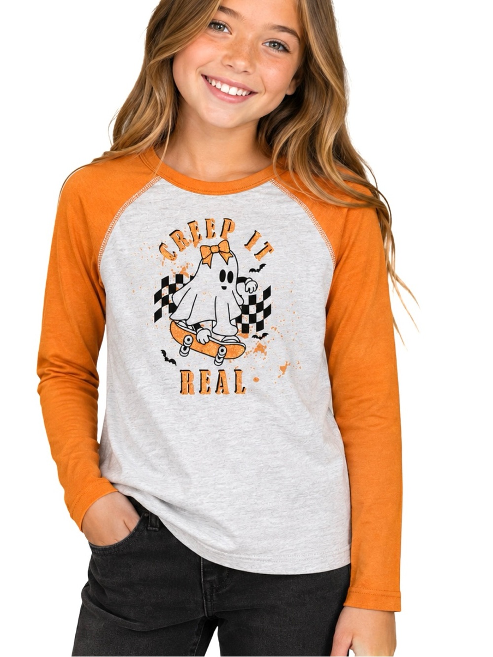 Girls Creep It Real Halloween Ghost Raglan Long Sleeve Size 12 - Picture 2 of 4
